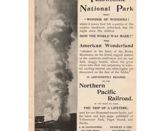 1892 Northern Pacific Railroad Yellowstone National Park Vintage Print Ad