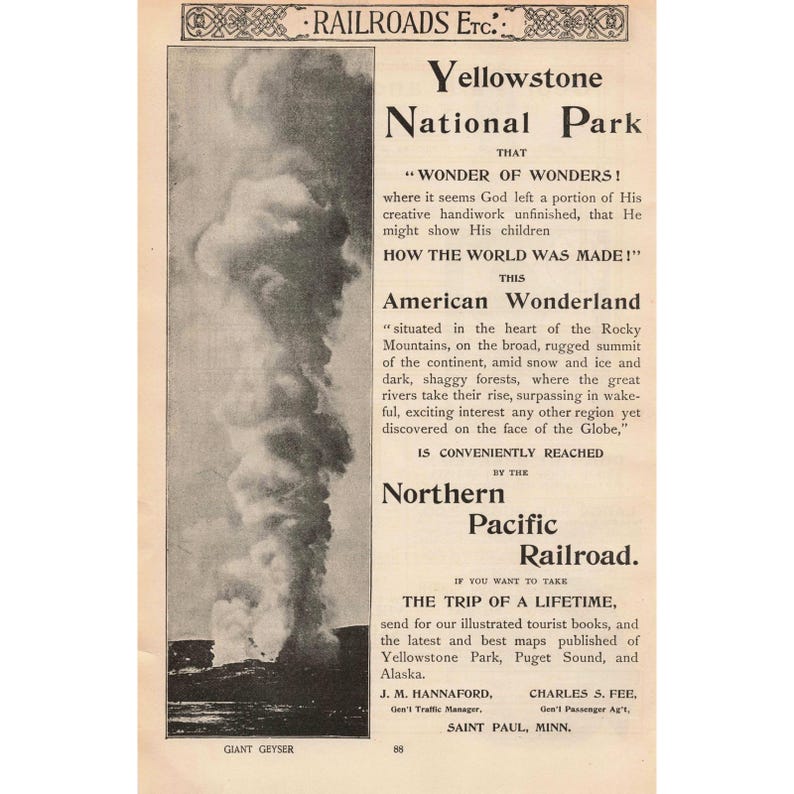 1892 Northern Pacific Railroad Yellowstone National Park Vintage Print Ad image 1