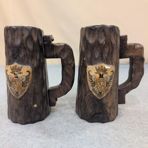 Vintage Hand Carved Wooden Mug Coat of Arms of Toledo, Spain Set of 2 Dark Wood image 1