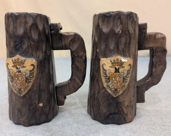 Vintage Hand Carved Wooden Mug Coat of Arms of Toledo, Spain Set of 2 Dark Wood