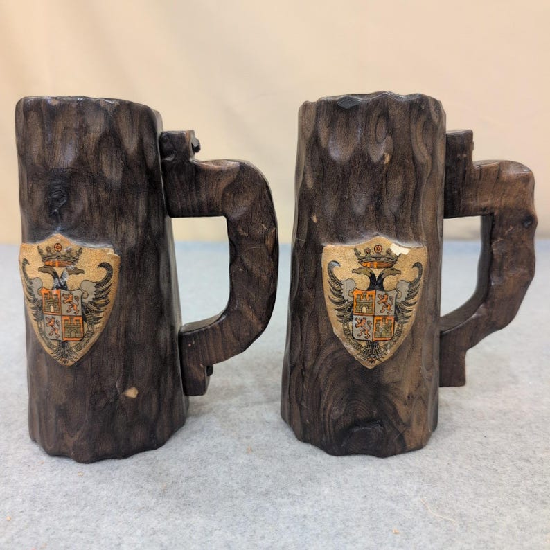 Vintage Hand Carved Wooden Mug Coat of Arms of Toledo, Spain Set of 2 Dark Wood image 1