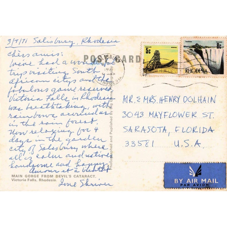 Cartolina vintage del 1971 delle Cascate Vittoria, Rhodesia, Gola Principale, Timbro Postale di Salisbury, Ottime condizioni immagine 2