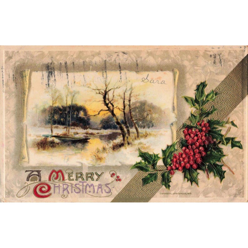 Vintage 1910 John Winsch Merry Christmas Postcard Embossed Holly Snowy Landscape image 1