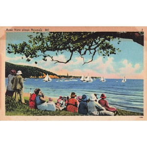 Vtg 1940's Anse Vata Plage Noumea NC Postcard Scenic Beach Sailboats People View image 1