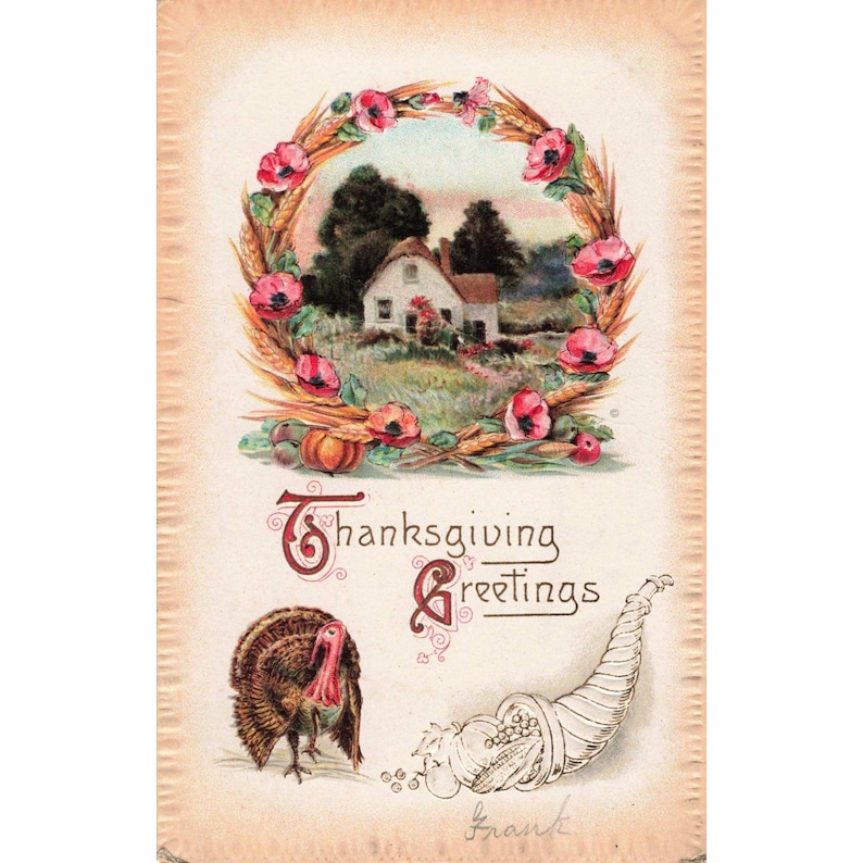 Antique 1911 Thanksgiving Greetings Embossed Postcard Turkey Cornucopia NY Stamp image 1