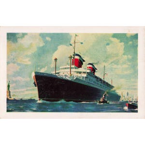 Vtg SS America Ocean Liner Postcard Richkrome Steelograph Co NY Harbor Statue image 1