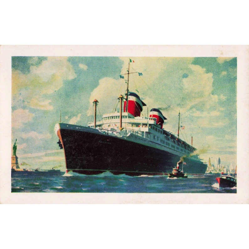 Vtg SS America Ocean Liner Postcard Richkrome Steelograph Co NY Harbor Statue image 1