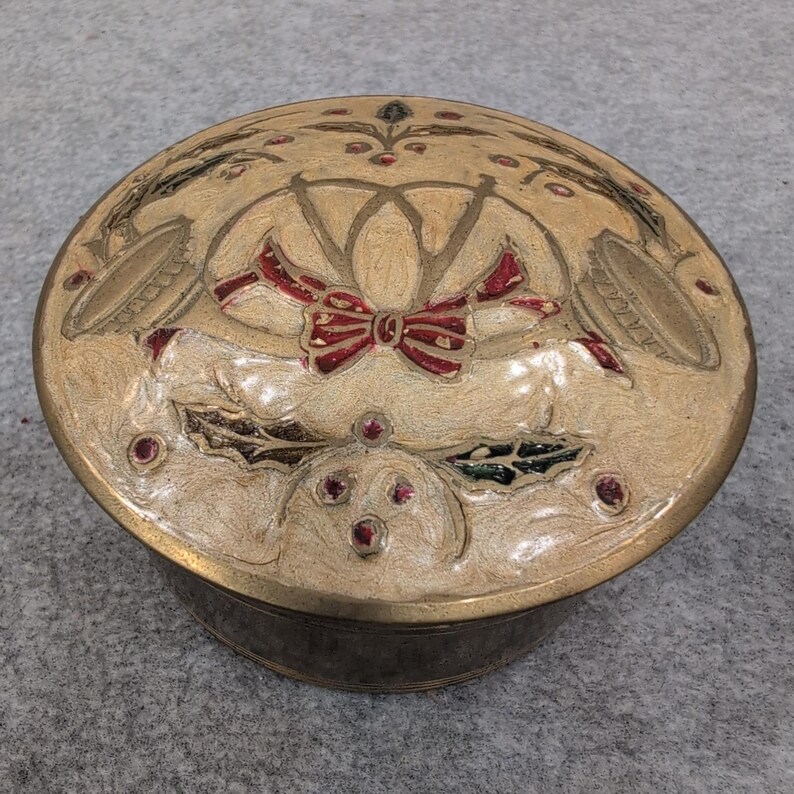 Vintage Brass Trinket Box Decorative Enamel Floral Bow Lid image 1