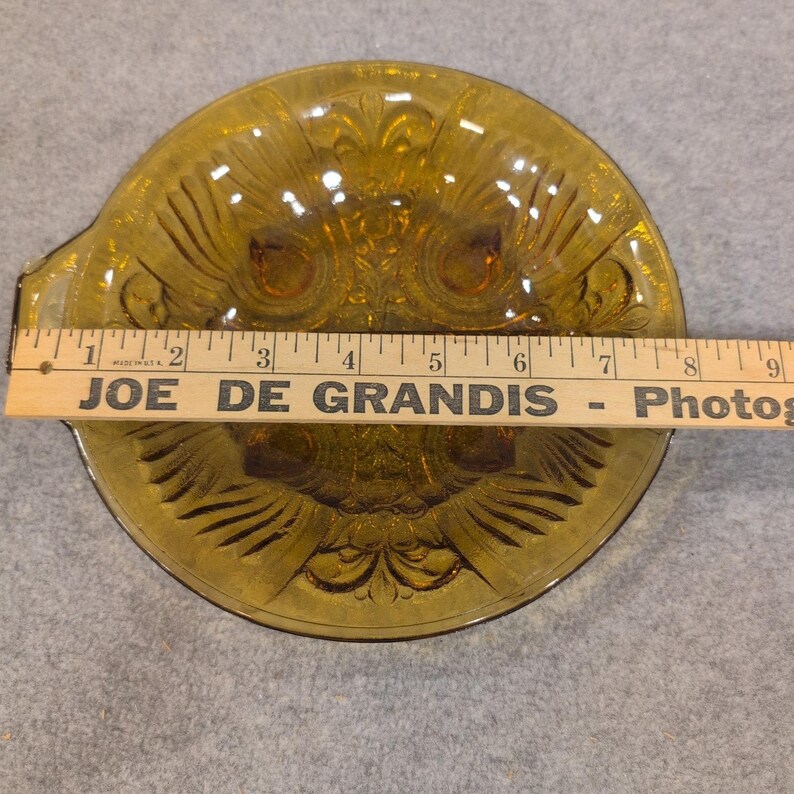 Vintage Amber Glass Divided Relish Dish Peacock Eye Pattern Tab Handle Serving image 3