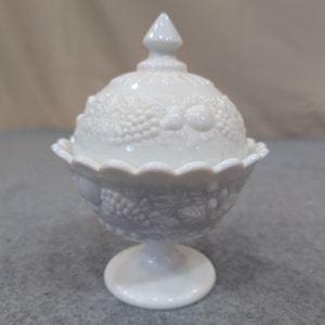 Vintage White Milk Glass Harvest Fruit Embossed Pedestal Candy Dish with Lid image 1
