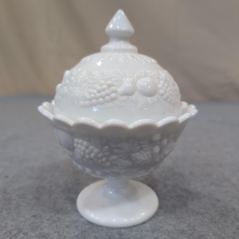 Vintage White Milk Glass Harvest Fruit Embossed Pedestal Candy Dish with Lid image 1