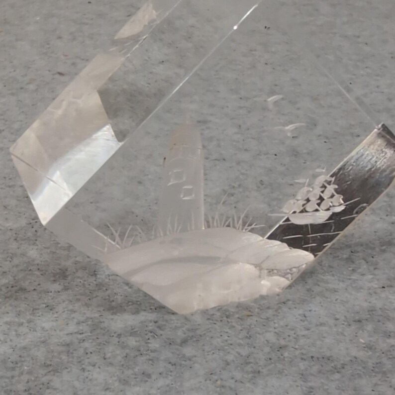Vtg Intaglio Etched Nautical Lighthouse Ship Clear Cube Paperweights Set of 2 image 2