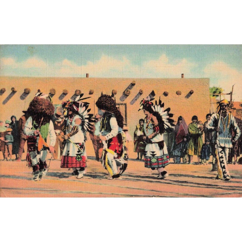 Vintage Buffalo Dance Pueblo Indians Vykort New Mexico C.T. Art-Colortone bild 1