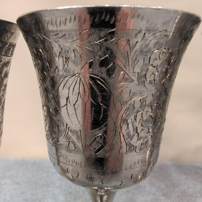 World Gift India Silver Tone Etched Floral Goblets Chalice Set of 6 NA306 image 3