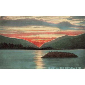 Carte postale ancienne représentant un coucher de soleil sur le fleuve Columbia, 1914, The Dalles, Oregon, Wesley Andrews image 1