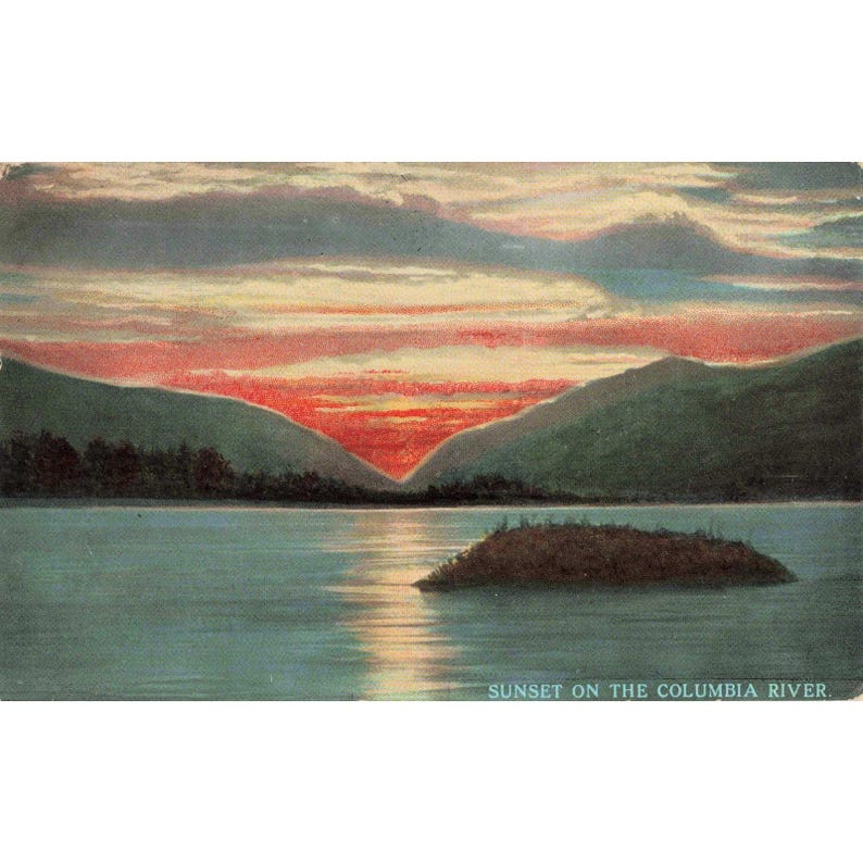 Carte postale ancienne représentant un coucher de soleil sur le fleuve Columbia, 1914, The Dalles, Oregon, Wesley Andrews image 1