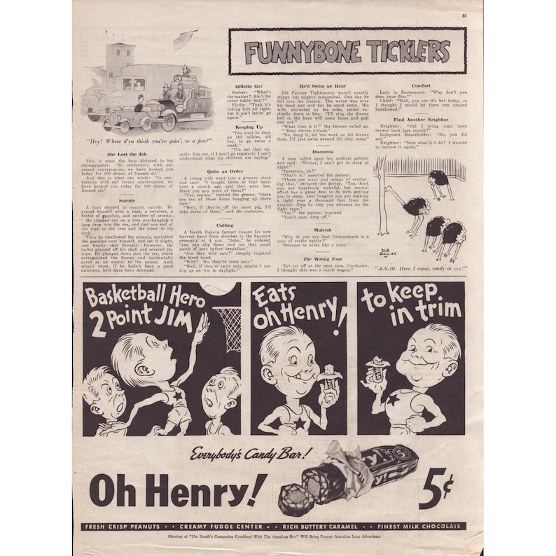 Vintage 1927 Oh Henry Candy Bar Advertisement Funnybone Ticklers Magazine Page image 1