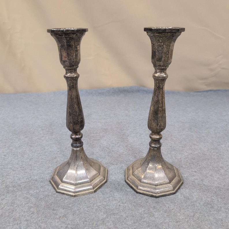 Vintage Silver Plated Octagonal Taper Candlestick Holders Set of 2 image 1