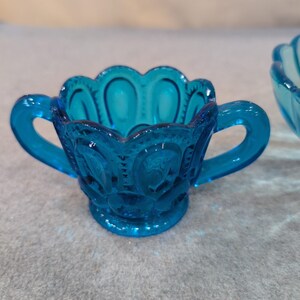 Vintage Blue Glassware Set Moon and Star Sugar Bowl & Scalloped Swirl Bowl Aqua image 2