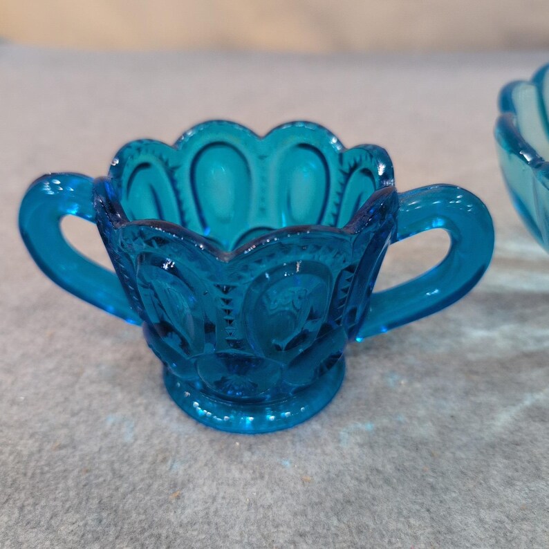 Vintage Blue Glassware Set Moon and Star Sugar Bowl & Scalloped Swirl Bowl Aqua image 2