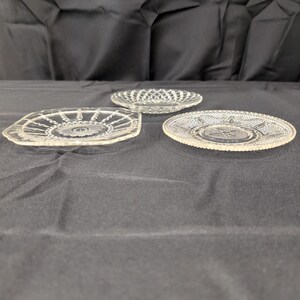 Vintage Clear Pressed Glass Plates Set of 3 Sunburst Diamond Point Floral image 2