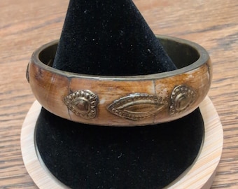 Vintage Brass and Bone Inlay Bangle Bracelet Made in India Bohemian Style