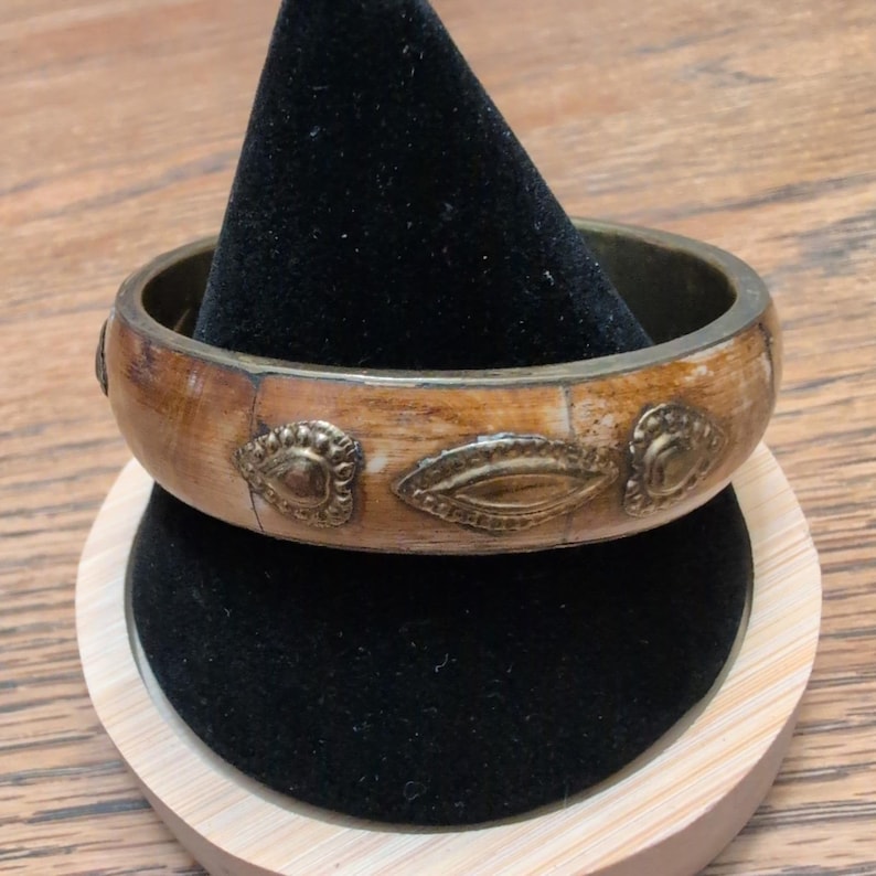 Vintage Brass and Bone Inlay Bangle Bracelet Made in India Bohemian Style image 1