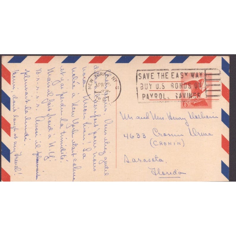 Vintage 1968 NYC Airmail Envelope 6c FDR Stamp Handwritten Letter Sarasota FL image 1