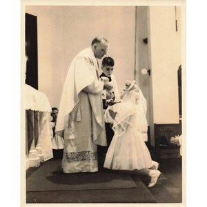 1940's Eufaula, Alabama Vintage First Communion Photo Girl Priest Church 8 x 10 image 1