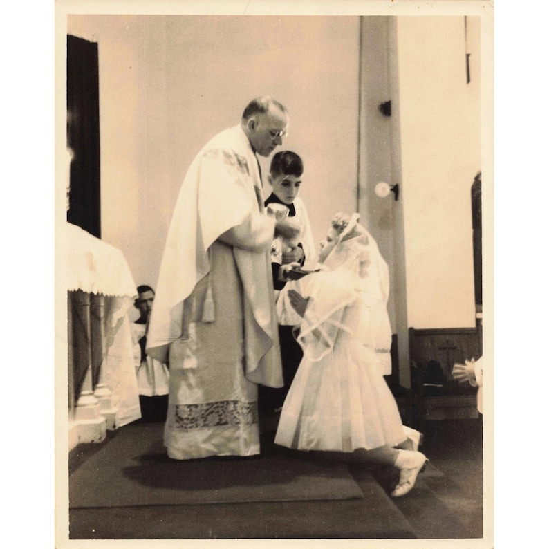 1940's Eufaula, Alabama Vintage First Communion Photo Girl Priest Church 8 x 10 image 1