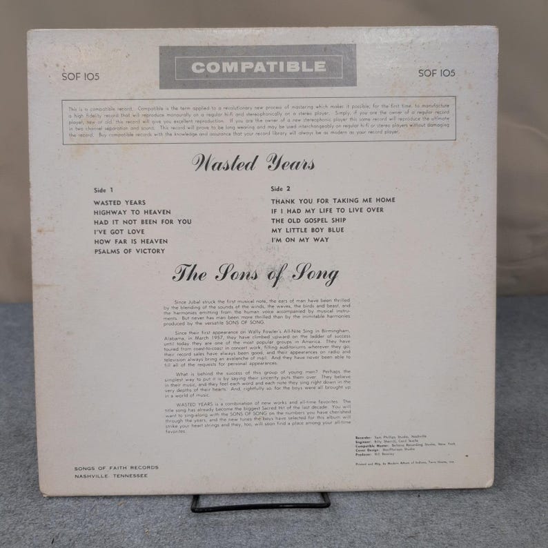 The Sons of Song Wasted Years Gospel Vinyl LP Songs of Faith SOF-105 Nashville image 2