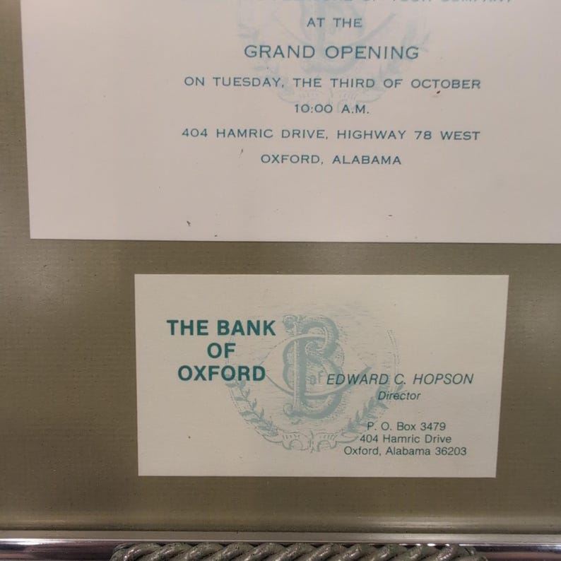 Framed Bank of Oxford (Alabama) Grand Opening Invitation with US Two Dollar Bill image 4