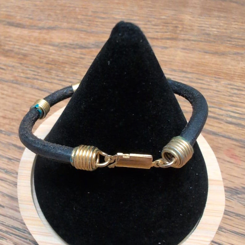 Vintage Leather Cord Bracelet Gold Tone Hardware Minimalist Boho Unisex Black image 2
