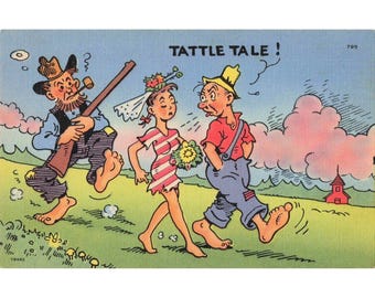 Vintage Tattle Tale Shotgun Wedding Humorous Linen Postcard Tichnor Bros 795