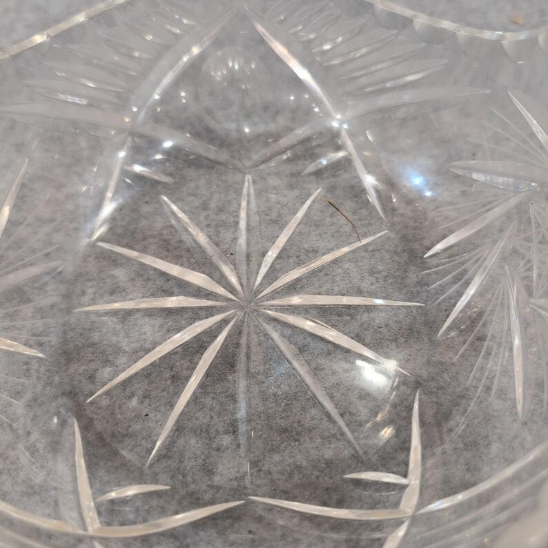 Vintage Crystal Glass Basket Clear Etched Starburst Handle Bowl Dish 6" image 4