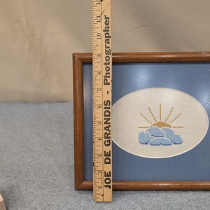 Vintage Cross Stitch Framed Art Sun and Clouds Needlepoint Blue Wood Frame image 5