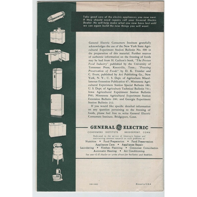 Folheto antigo da General Electric sobre alimentos congelados, Instituto de Consumidores de Bridgeport, Connecticut. imagem 2