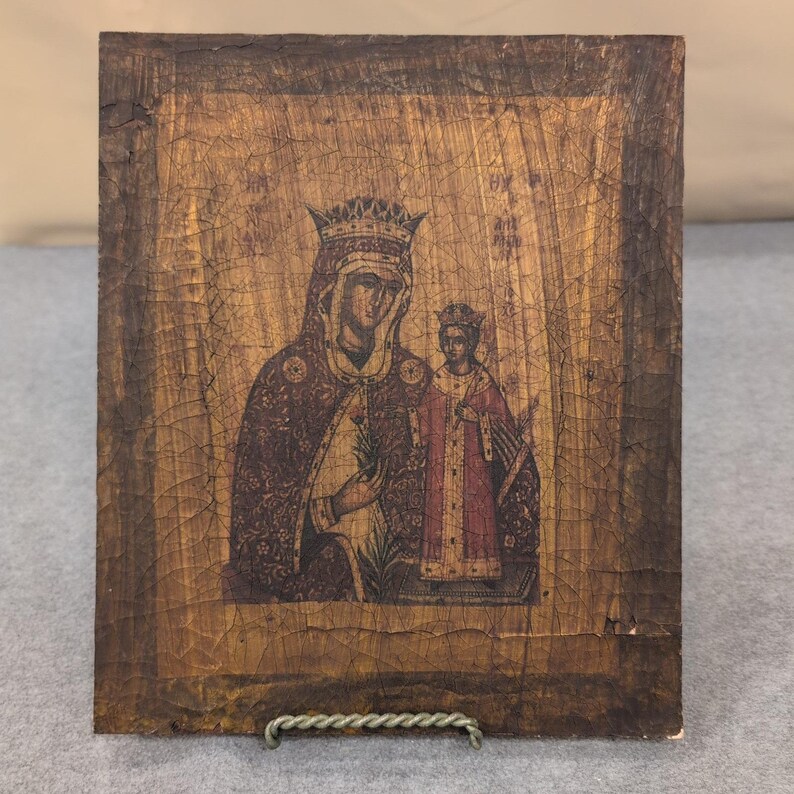 Handgefertigte Jungfrau Maria & Kind Ikone Hodegetria Stil Holz Plakette Ägypten San Mark Bild 1