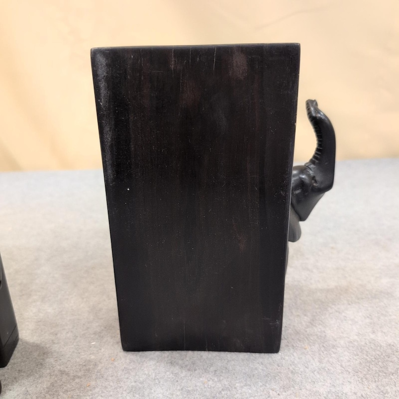 Vintage Hand Carved Wooden Elephant Bookends Dark Wood Broken Leg image 3