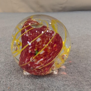 Art Glass Paperweight Red White Mottled Core Yellow Swirl Controlled Bubbles image 3
