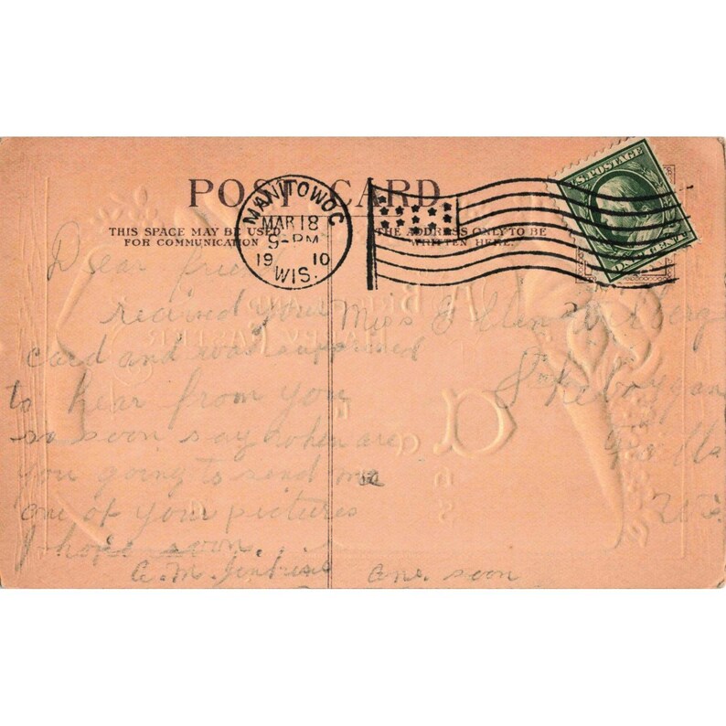 Postal de Pascua antigua de 1910 con relieve, poema religioso de lirio blanco, Manitowoc, WI VG imagen 2