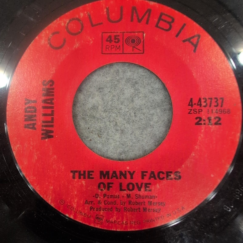 Andy Williams The Many Faces of Love In the Arms of Love 45 RPM Columbia 4-43737 image 1