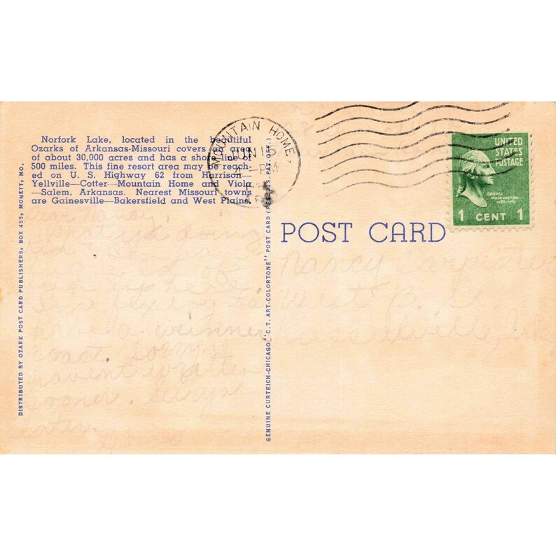 Lake Norfork Ozarks Arkansas Fishing Cove Linen Postcard VG 1940s Vintage image 2