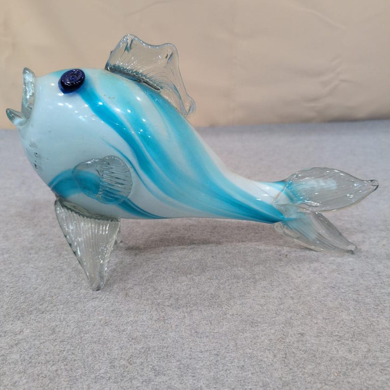 Hand Blown Art Glass Fish Figurine Blue White Swirl Nautical Decor Sculpture image 1