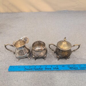 Vintage Miniature Silver Plate Tea Set Creamer Sugar Bowl Shell Feet 3pc image 6