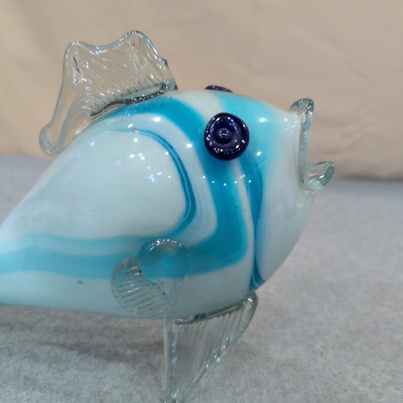 Hand Blown Art Glass Fish Figurine Blue White Swirl Nautical Decor Sculpture image 6