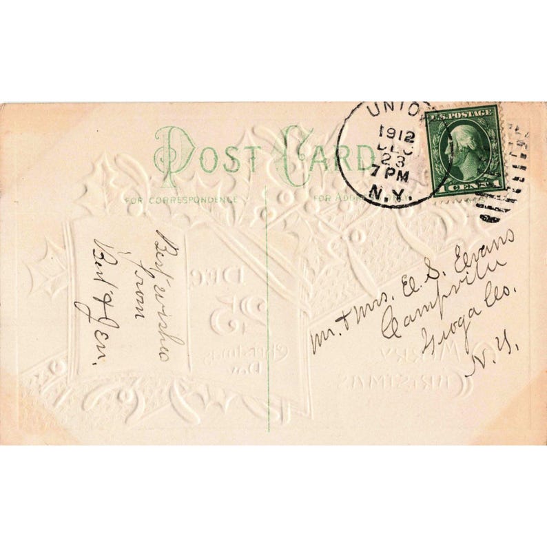 Vintage 1912 Embossed Christmas Postcard Holly Mistletoe Union NY Postmark B.102 image 2