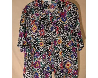 Jordani Women's Blouse 16W Black White Geometric Floral Print Short Sleeve
