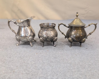 Vintage Miniatur Silber Platte Tee-Set Milchkännchen Zuckerdose Schale Füße 3tlg