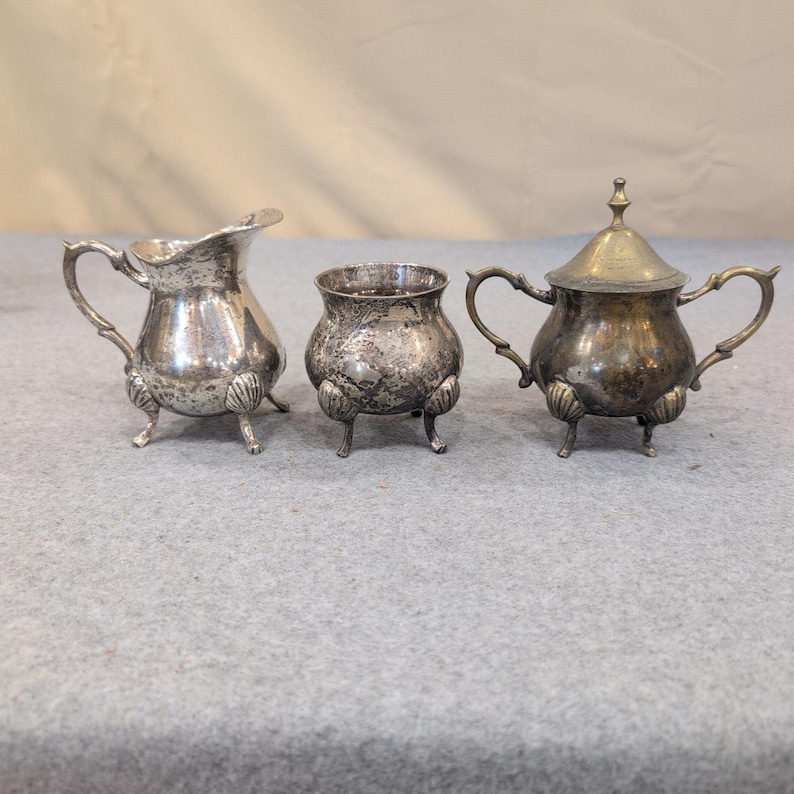 Vintage Miniature Silver Plate Tea Set Creamer Sugar Bowl Shell Feet 3pc image 1